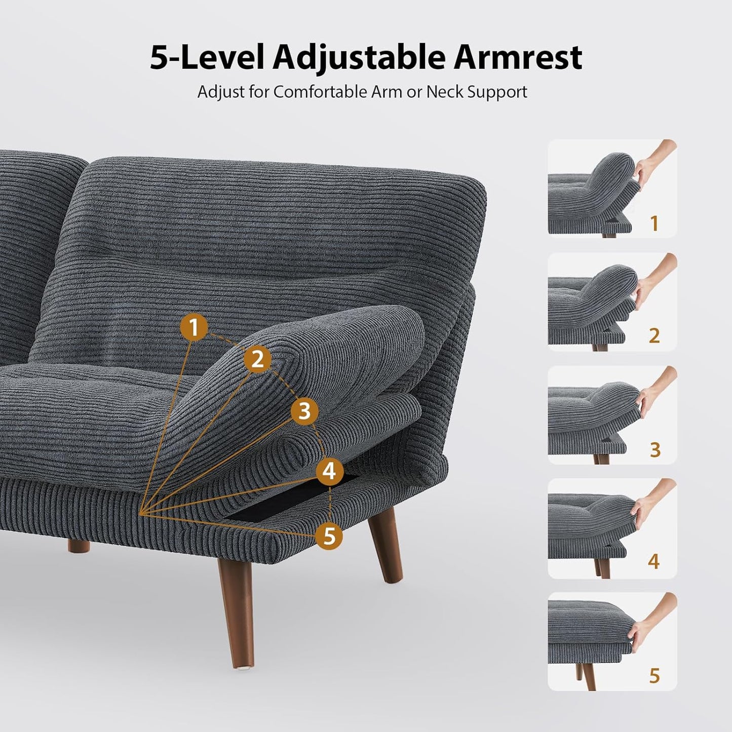 Futon Sofa Bed, Modern 66" Futon Couch Convertible to Bed & Lounger, Compact Size, Corduroy Loveseat, Durable Construction - Fits Small Spaces, Apartments,Study Room (Volcanic Gray, 66 Inch)