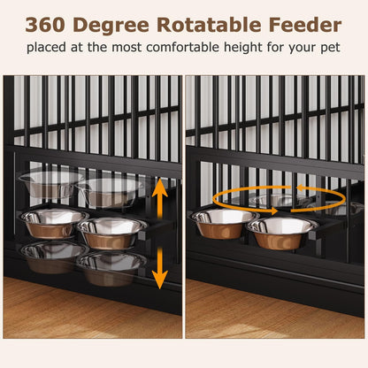 78.7" Extra Large Dog Crate Furniture, Double Dog Kennel with 3 Storage Drawers for 1 or 2 Dogs Heavy Duty Dog Cage as TV Stand with Removable Divider&360°Rotating Steel Bowls for Large Dogs