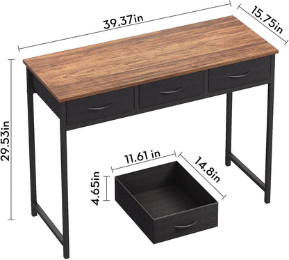 Computer Desk with Drawers, 39.3 Inch Small Vanity Desk with Storage, Home Office Bedroom Desk for Small Spaces, Modern Work Writing Study Gaming Tables, Rustic Brown