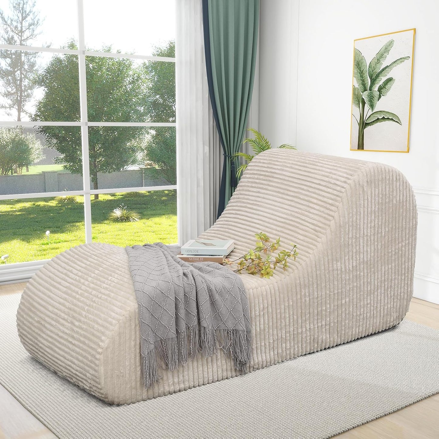 Corduroy Chaise Lounge Chair Couch Indoor Boneless Oversized High-Density Sponge Soft Sofa for Yoga, Khaki