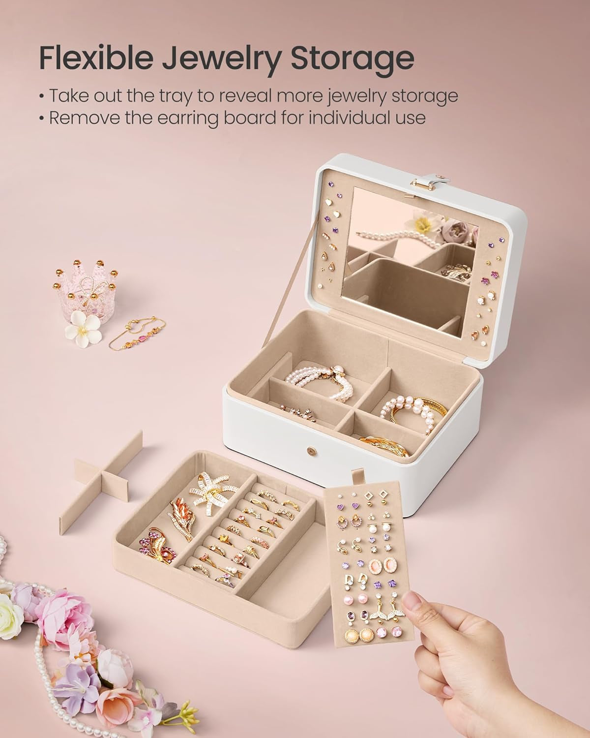 Jewelry Box Organizer with Mirror, 2-Layer Jewelry Holder Case, Removable Tray, 6.9 X 8.7 X 4.3 Inches, Earring Necklace Storage, Gift Idea, Cloud White UJBC200W01