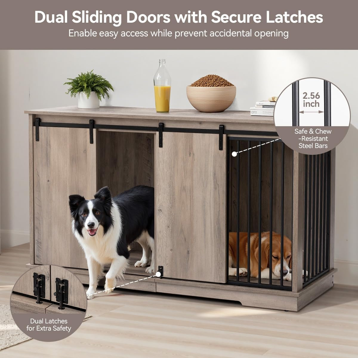Dog Crate Furniture for 2 Dogs, 60.6 Inch Extra Large Wooden Dog Kennel Furniture with Removable Divider and Double Sliding Doors, TV Stand, Side Table, Gray