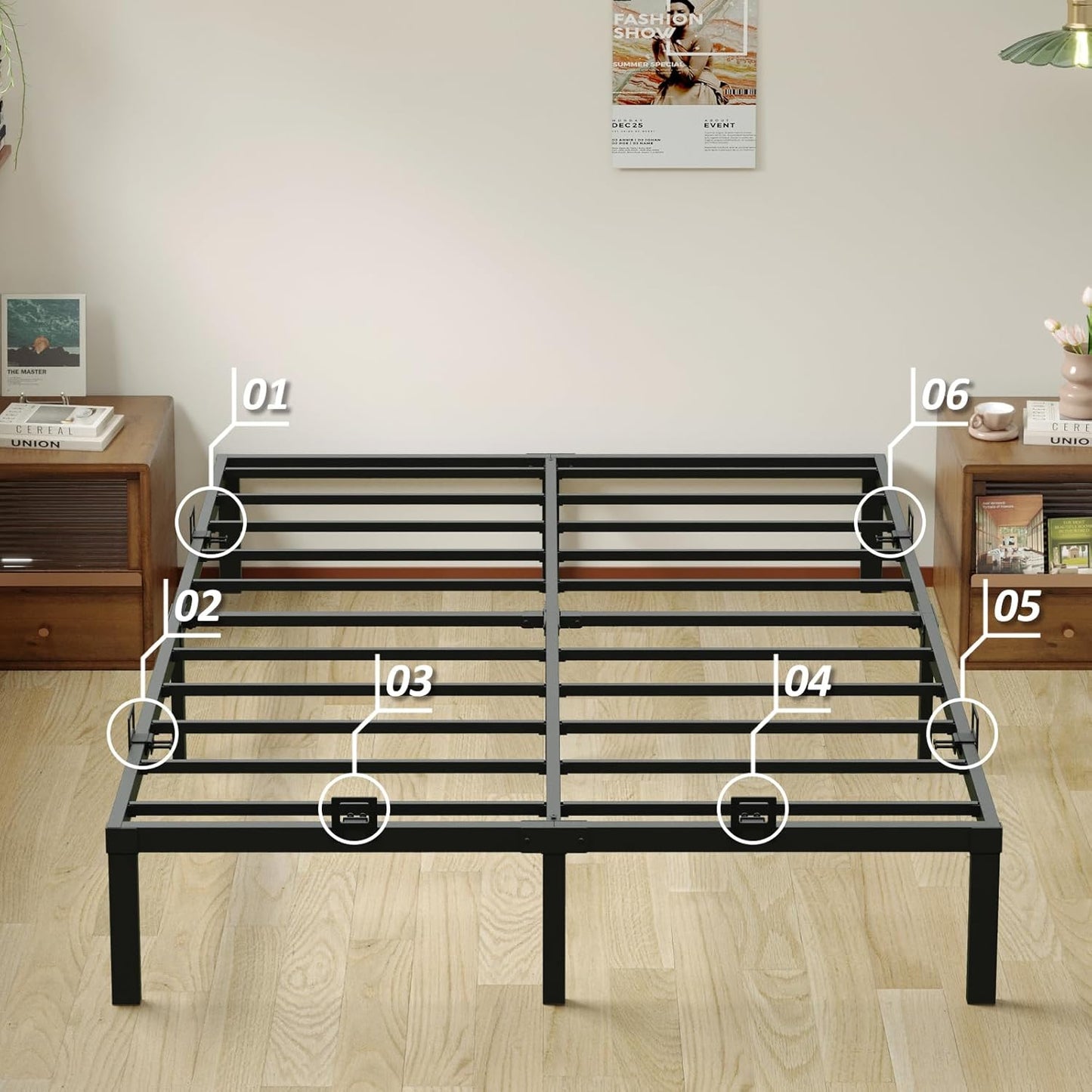 6-Pack Non-Slip Mattress Grippers for Metal Bed Frame, Heavy Duty Mattress Gaskets, Adjustable Anti-Slide Brackets, Black – Includes Screws & Allen Wrench