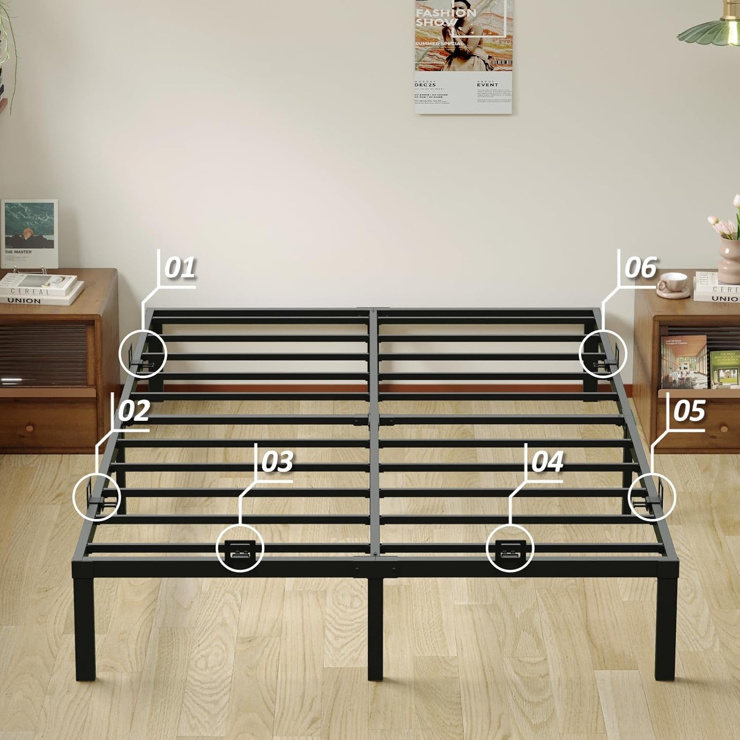 6-Pack Non-Slip Mattress Grippers for Metal Bed Frame, Heavy Duty Mattress Gaskets, Adjustable Anti-Slide Brackets, Black – Includes Screws & Allen Wrench