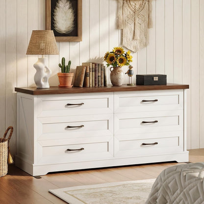 Farmhouse 6-Drawer Dresser for Bedroom, Heavy-Duty Storage Chest with Extra Thick Boards & Metal Handles, Sturdy Chest of Drawers, Anti-Tipping Safety Certified, White & Walnut