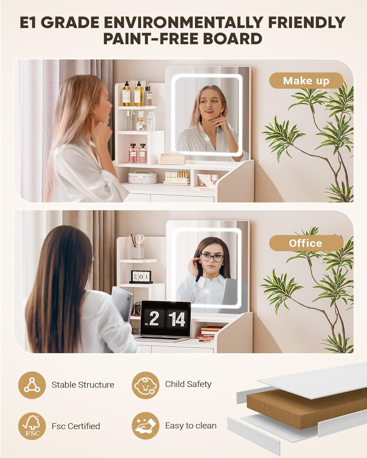 Small Makeup Vanity Desk with Lighted Mirror, White, 23.62" W X 15.74" D X 53.93" H (Smart LED Mirror, Open Shelves, 2 Drawers)