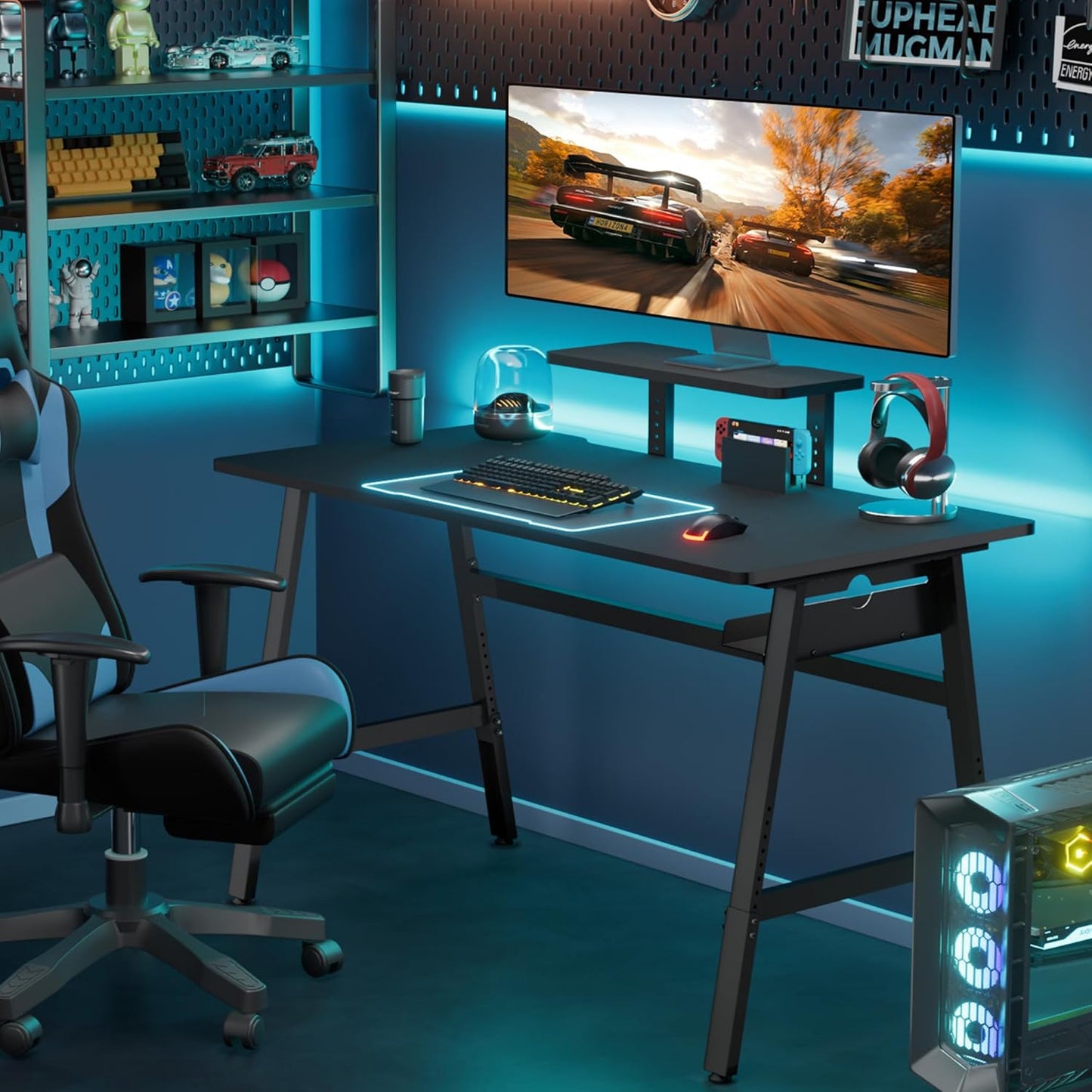 Height Adjustable Computer Desk - 47" Gaming Desk, Small Home Office Desk with Monitor Stand, Modern Simple Table Study Writing Work, Living Room Home Bedroom PC Table, Metal Frame, Black