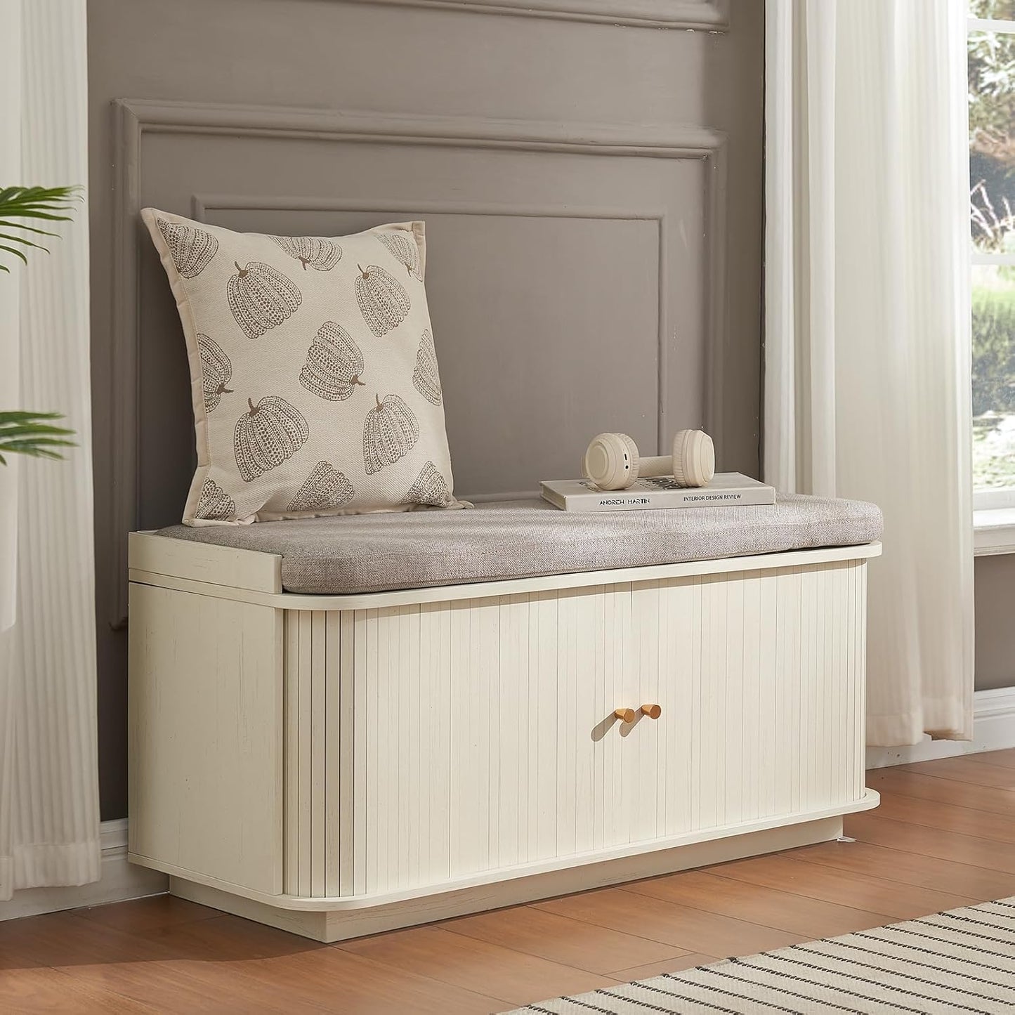 Hall Tree with Bench and Shoe Storage, Entryway Bench with Sliding Door Cabinet, Removable Padded, Metal Wall Hooks, Adjustable Storage Compartments, for Entry, Hallway, Living Room, Beige