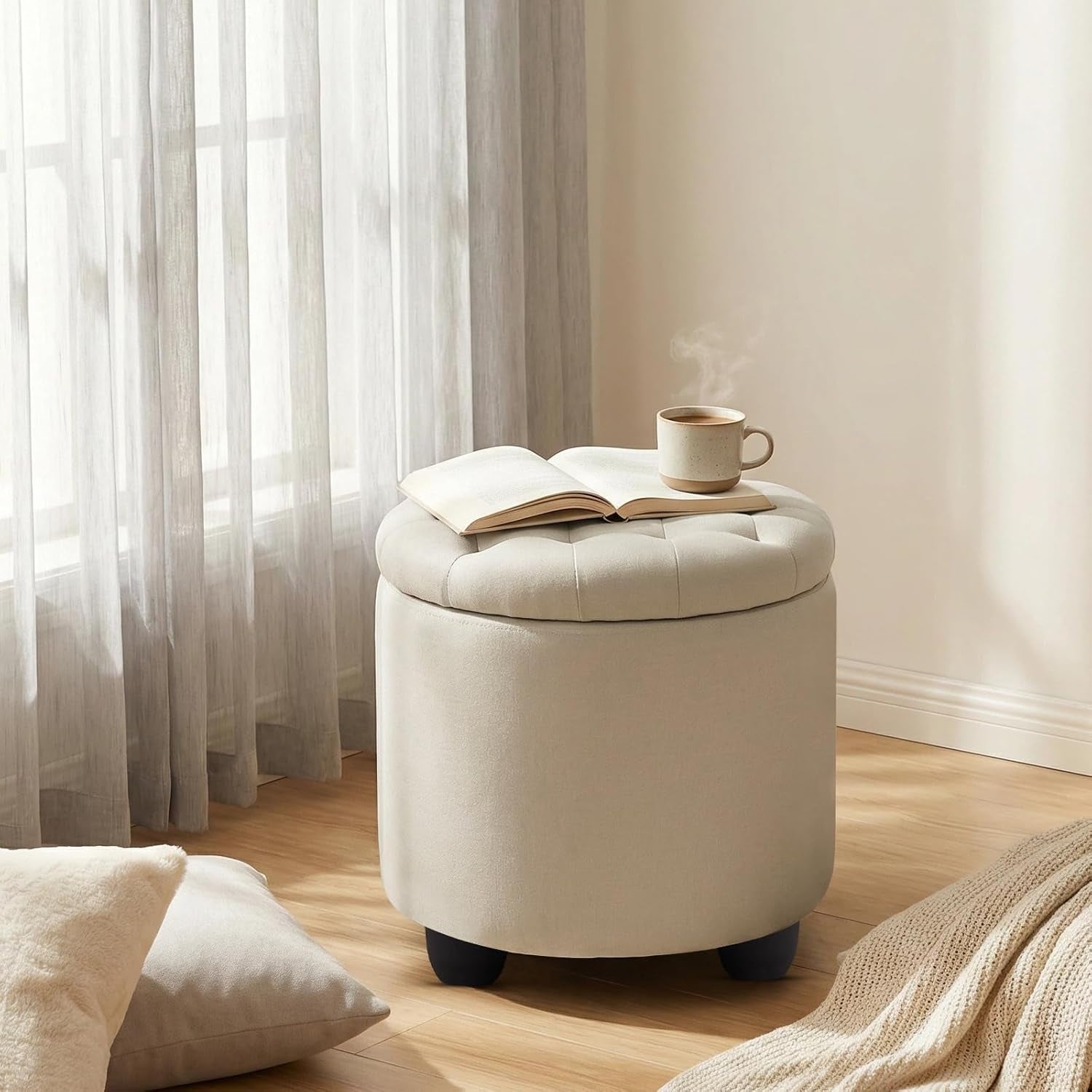 Modern round Storage Ottoman,Button Tufted Ottoman Foot Stools Ottoman Footstool with Removable Lid Storage Ottoman for Living Room, Bedroom, Makeup Room，Beige