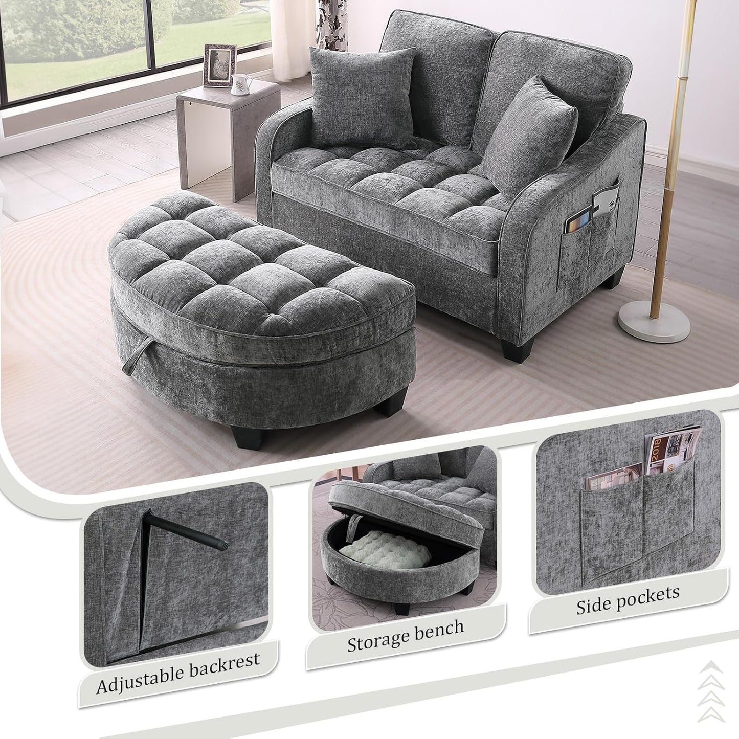 Oversized Curved Chaise Lounge Chair Indoor with Ottoman, 54.8" Cloud Boneless Reading Chair Soft Chenille Circle Couch for Living Room, Apartroom, Bedroom, Grey