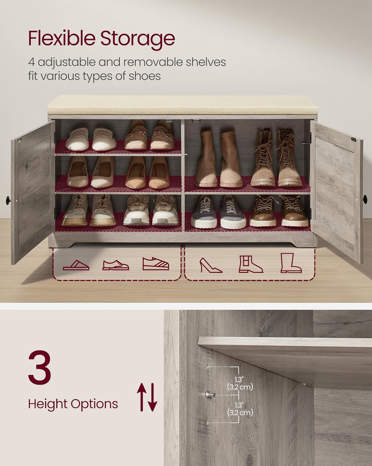 Shoe Storage Bench with Cushion, 3-Tier Entryway Bench with Padded Seat, Doors, Adjustable Shelves, 14 X 39.8 X 20.7 Inches, Hallway, Bedroom, Heather Greige and Cappuccino Beige ULSB044L01