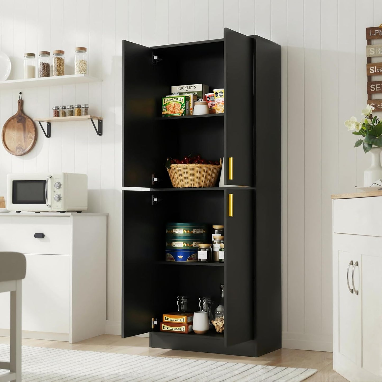 Kitchen Pantry Cabinet, 71" Tall Wood Storage Cabinet with Doors and Shelves 4 Doors Freestanding Cupboard for Dining Room Living Room Bathroom Furniture, Black | Wood Storage Cabinet, 4 Doors, Utility Hutch, for Dining Room