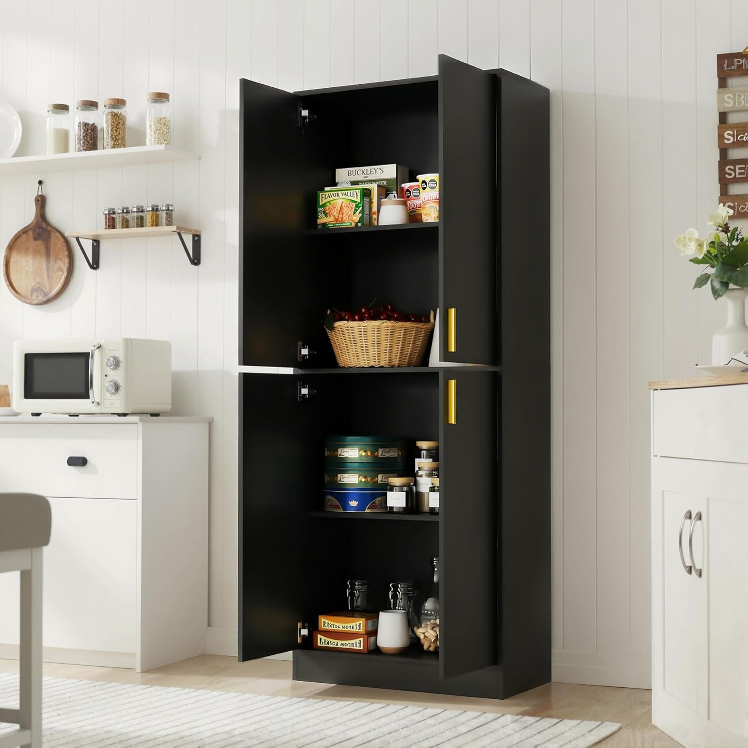 Kitchen Pantry Cabinet, 71" Tall Wood Storage Cabinet with Doors and Shelves 4 Doors Freestanding Cupboard for Dining Room Living Room Bathroom Furniture, Black | Wood Storage Cabinet, 4 Doors, Utility Hutch, for Dining Room