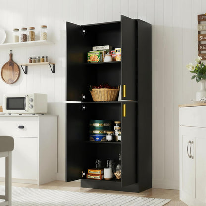 Kitchen Pantry Cabinet, 71" Tall Wood Storage Cabinet with Doors and Shelves 4 Doors Freestanding Cupboard for Dining Room Living Room Bathroom Furniture, Black | Wood Storage Cabinet, 4 Doors, Utility Hutch, for Dining Room