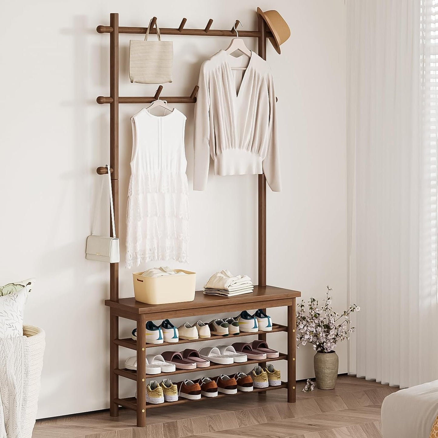 Bamboo Hall Tree with 13 Hook, 6-In-1 Entryway Bench with Coat Rack Freestanding, Coat Rack with Shoe Storage Bench Organizer for Mudroom, Bedroom, All-In-One Shoe Rack,Walnut