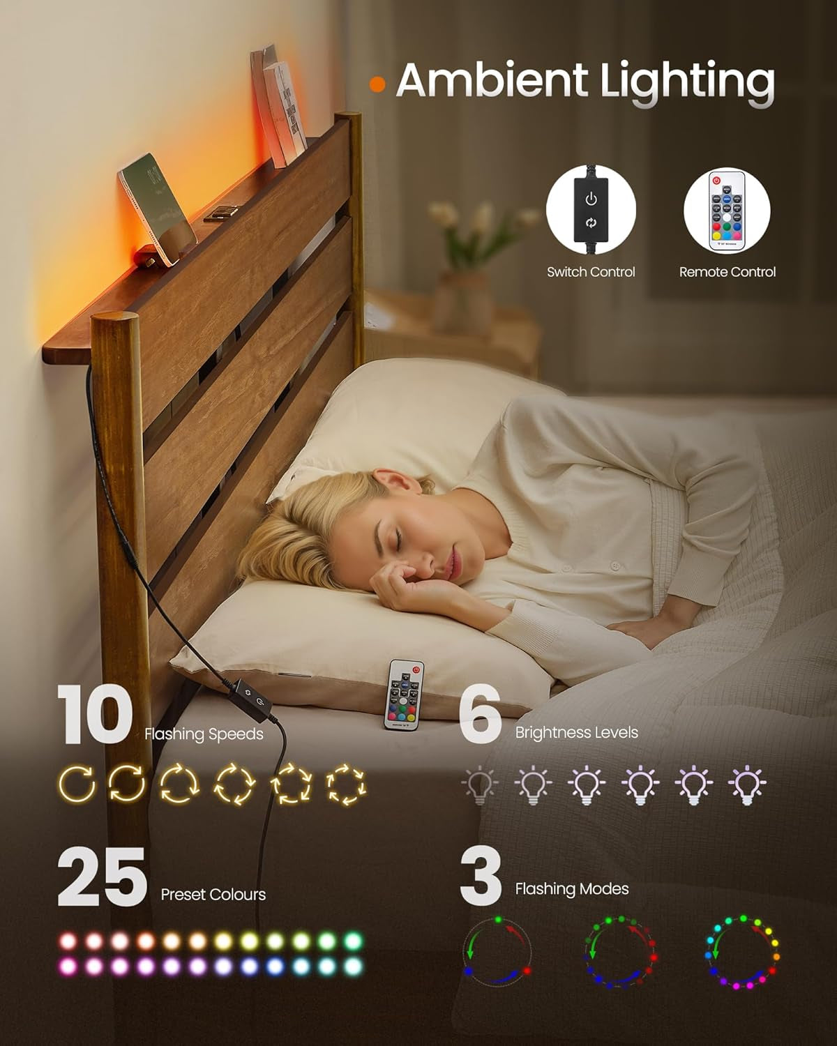 Full Bed Frame with Headboard, LED Lights & Charging Station, Solid Wood Legs and Slats, Mid-Century Modern Platform Bed, No Box Spring Needed, Caramel Brown URMB412K01V1