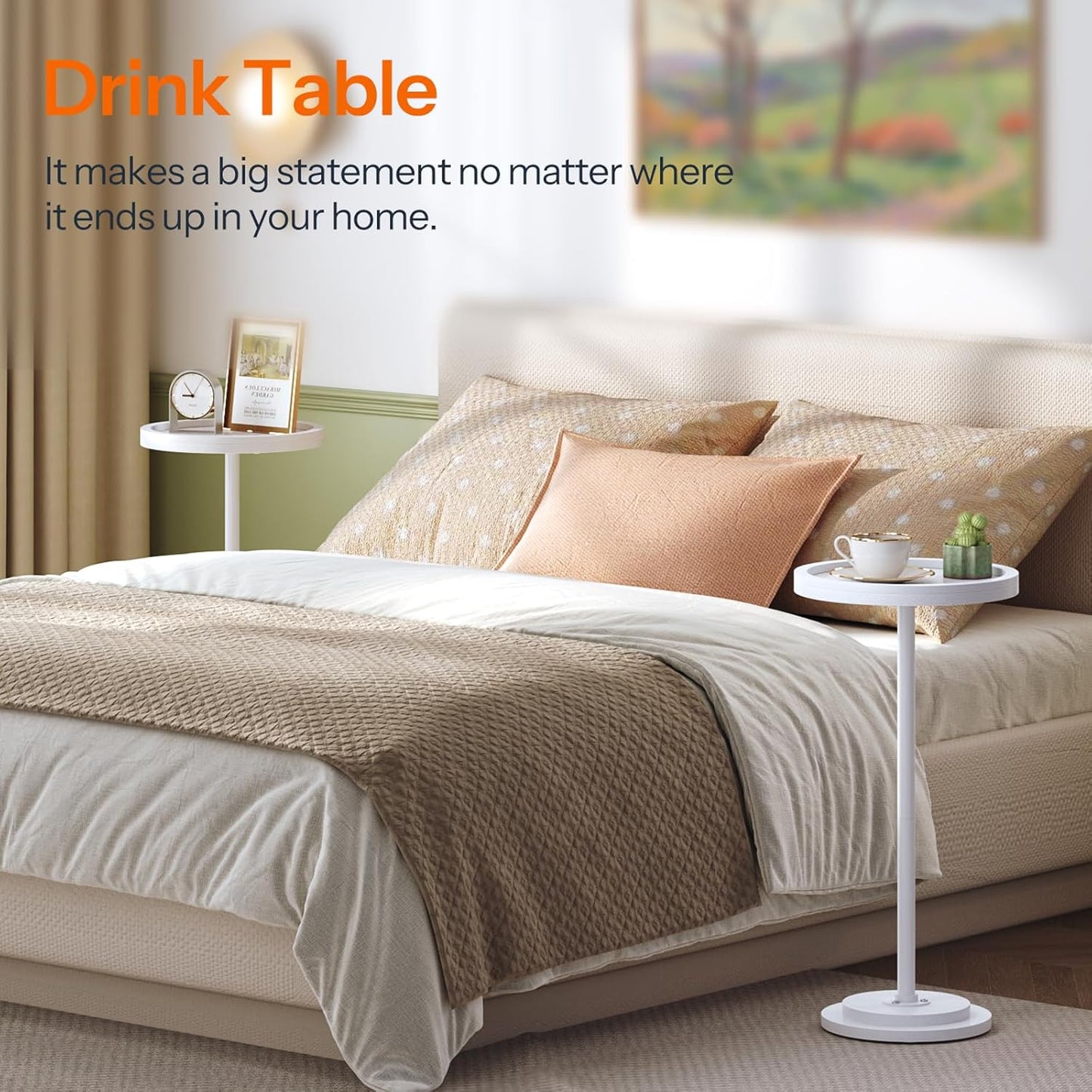 Small round Side Tables, Set of 2, Drink Tables, Coffee Martini Tables with Pedestal Accent for Small Spaces in Living Room, Bedroom, Sofa Couch, White WW168BZP201