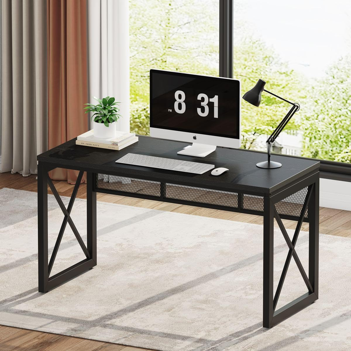Black Computer Desk, Modern Gaming Desk, Industrial Wood Office Desks, Sturdy Writing Desks for Home Office, Living Room, Study Workstation, Bedroom (Black, 54 Inch)