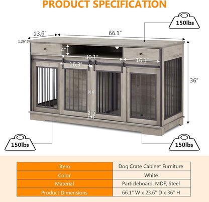 78'' Dog Crate Furniture for 2 Dogs, Double Dog Crate Furniture with 4 Bowls, Dog Kennel as TV Stand with 360° Rotating and Adjustable Height Bowl Holder