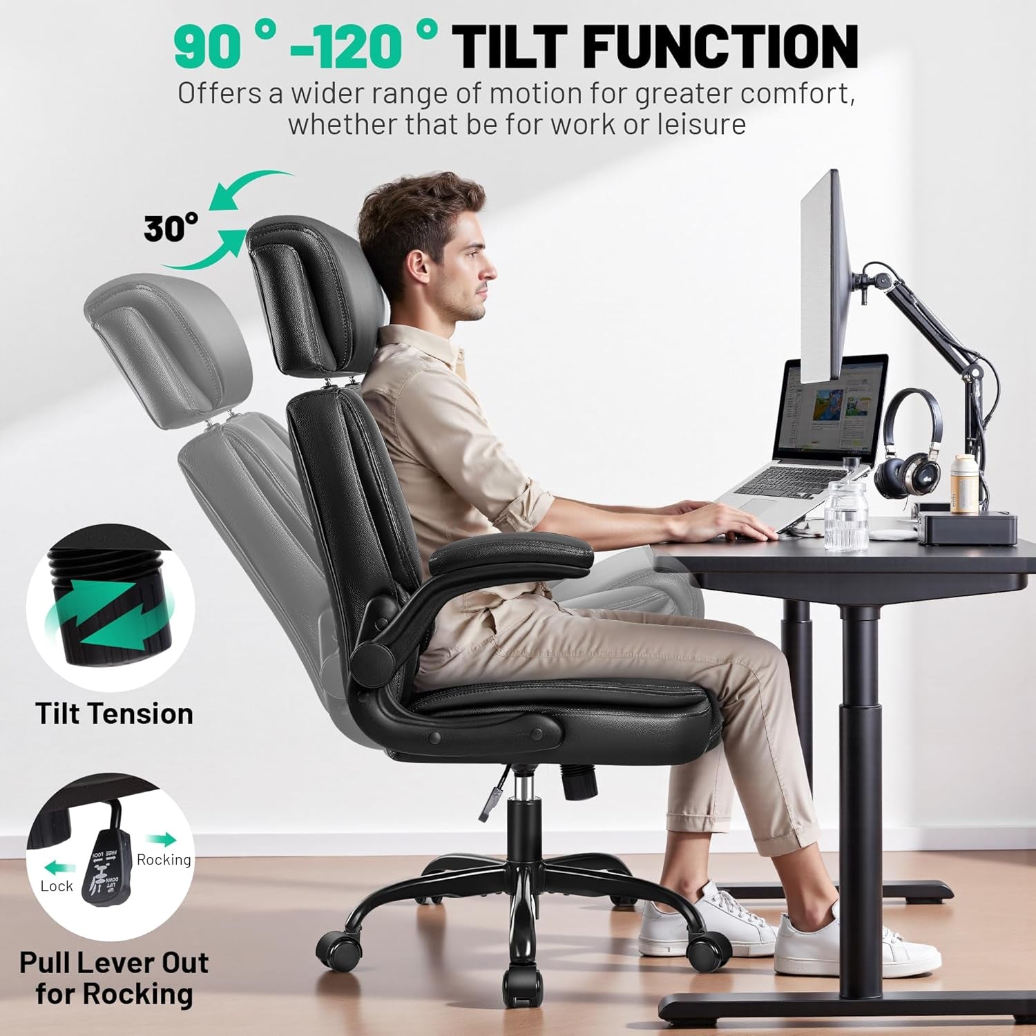 Office Chair, Ergonomic Desk Chair, Executive Leather Office Chairs with Lumbar Support, Adjustable Headrest & Armrests, Big and Tall Computer Chair, PC Chair with Rocking Function