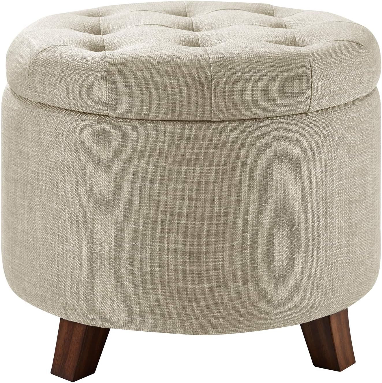 round Storage Ottoman Foot Rest, Button Tufted Upholstered Footstool with Storage, Sturdy Linen Fabric for Living Room and Bedroom, 20" X 17", Beige