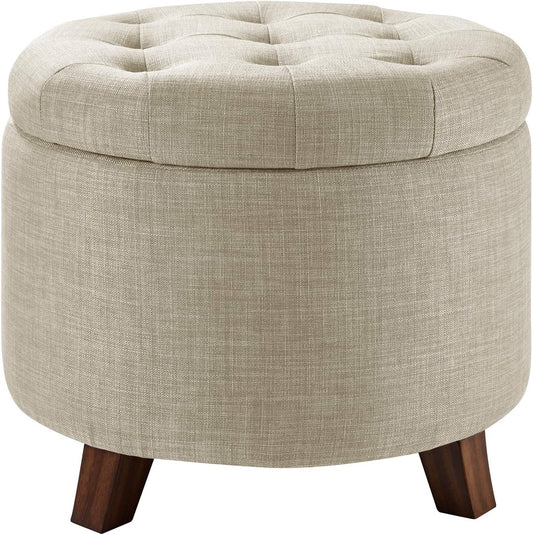 round Storage Ottoman Foot Rest, Button Tufted Upholstered Footstool with Storage, Sturdy Linen Fabric for Living Room and Bedroom, 20" X 17", Beige