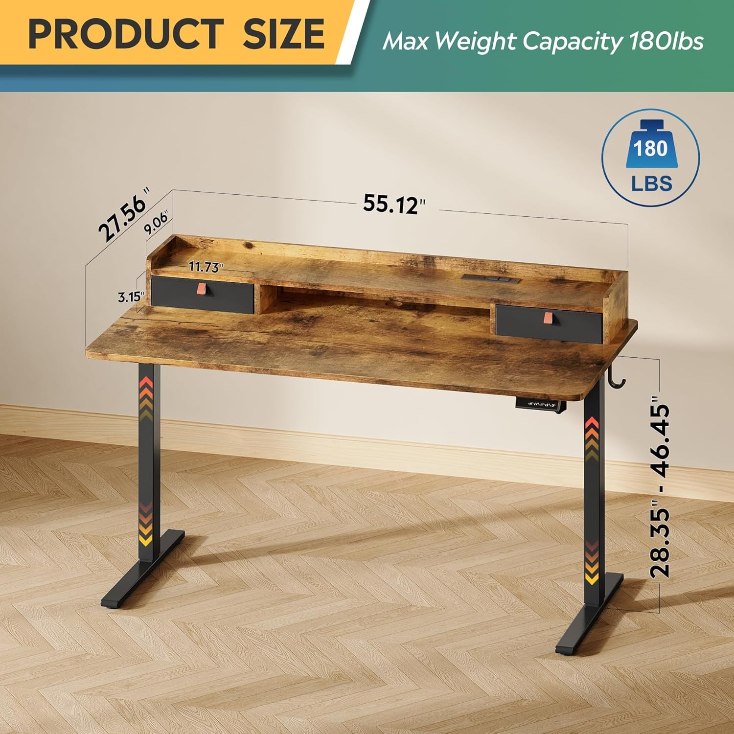 55×28 Inch Electric Standing Desk with Drawers, Computer Desk with 3 Adjustable Height, Storage Shelf, Built-In USB Outlets and Memory Preset, Sit to Stand Desk for Home Office, Rustic Brown