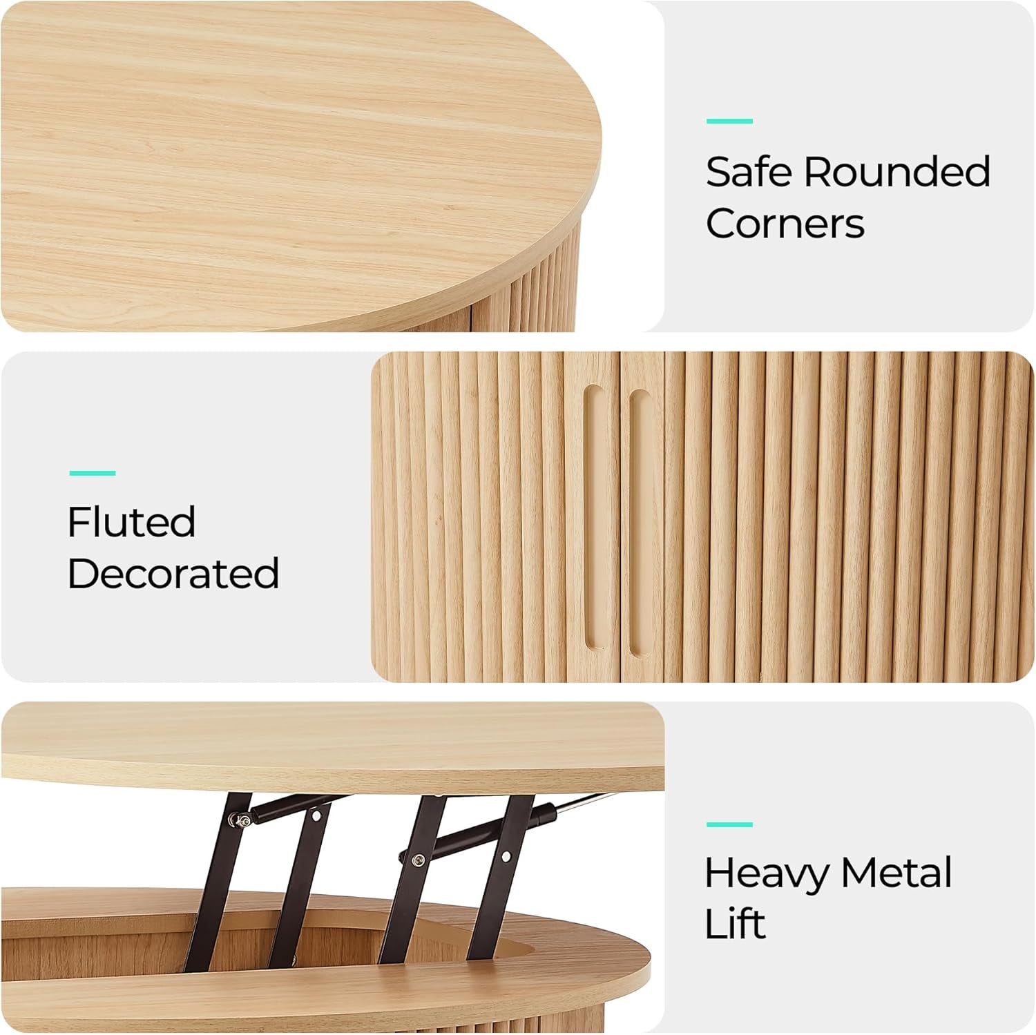 Lift Top Coffee Table, round Fluted Coffee Table with Storage, Boho Wooden Coffee Tables with Sliding Tambour Door, 31.5" Center Table for Living Room, Office, Small Space, Natural Oak