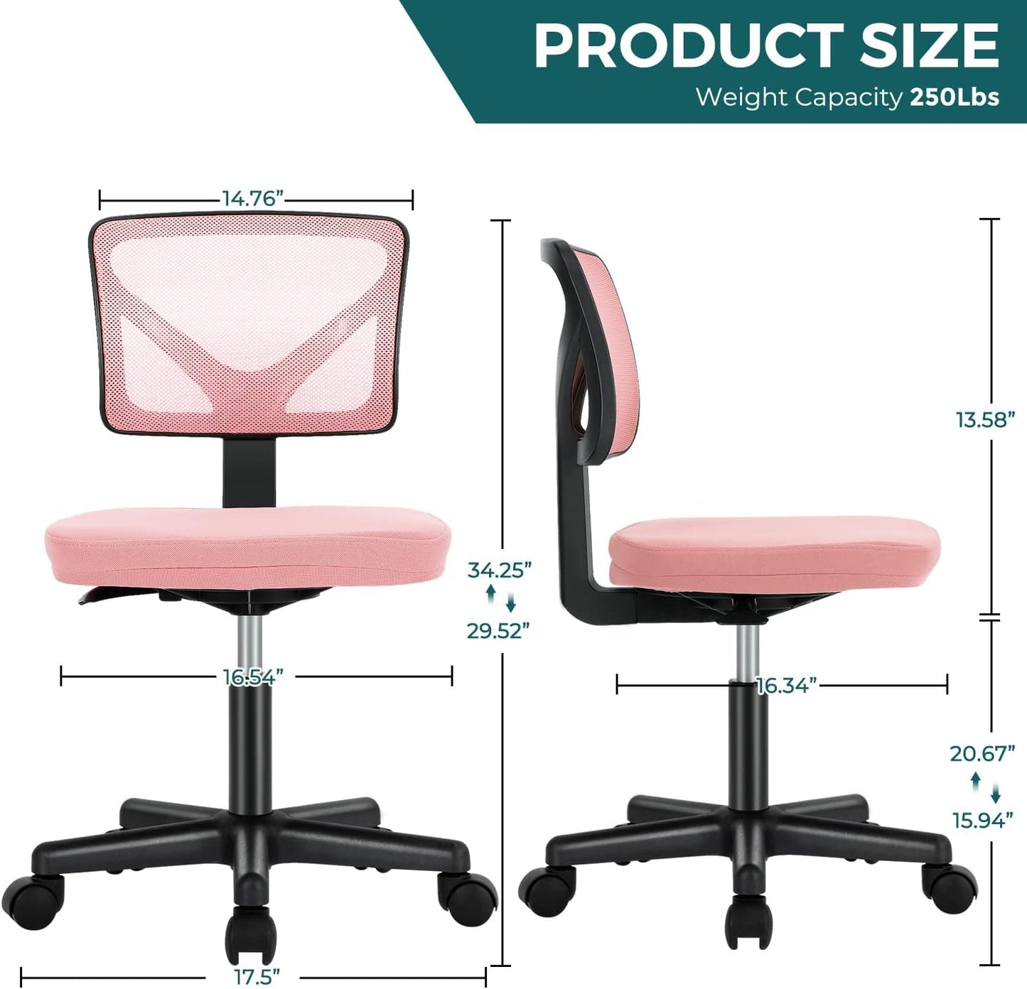 Armless Desk Chairs with Wheels, Ergonomic Adjustable Home Office Swivel Rolling Task Chair No Arms, Comfy Mesh Mid Back Computer Work Vanity Desk Seat for Small Spaces, Light Pink