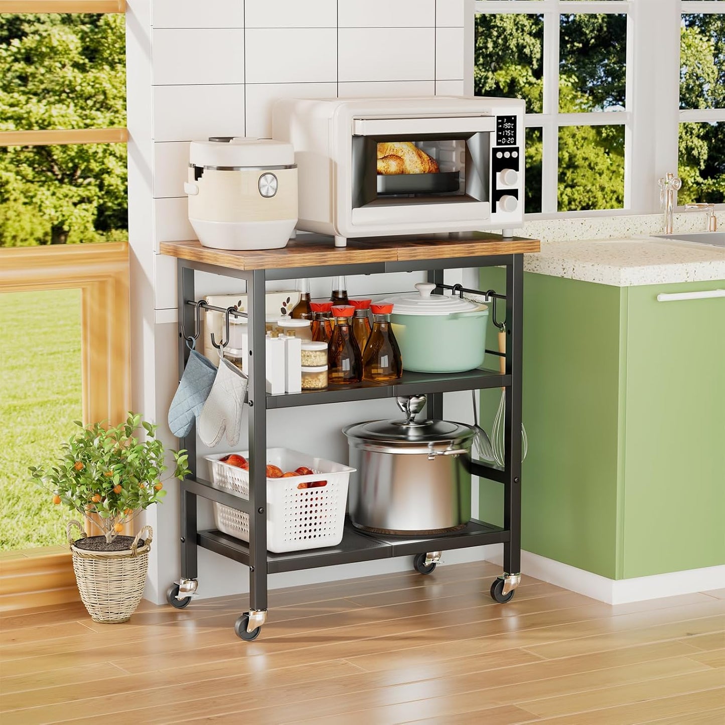 Rolling Kitchen Microwave Cart, 3 Tier Microwave Stand with Wheels, Bathroom Organizers and Storage Shelf, Coffee Bar Table Station, Utility Side Table for Kitchen, Living Room Office, Brown