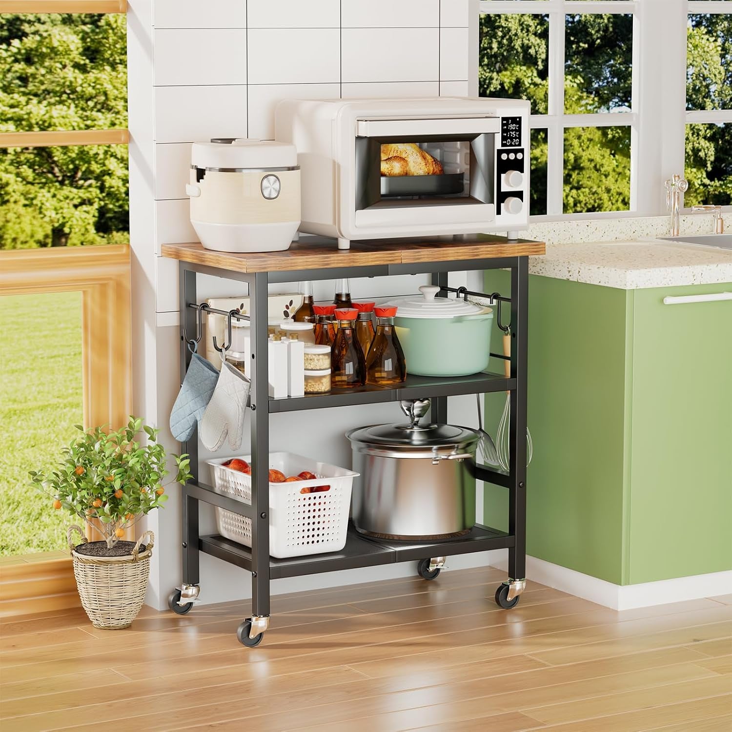 Rolling Kitchen Microwave Cart, 3 Tier Microwave Stand with Wheels, Bathroom Organizers and Storage Shelf, Coffee Bar Table Station, Utility Side Table for Kitchen, Living Room Office, Brown