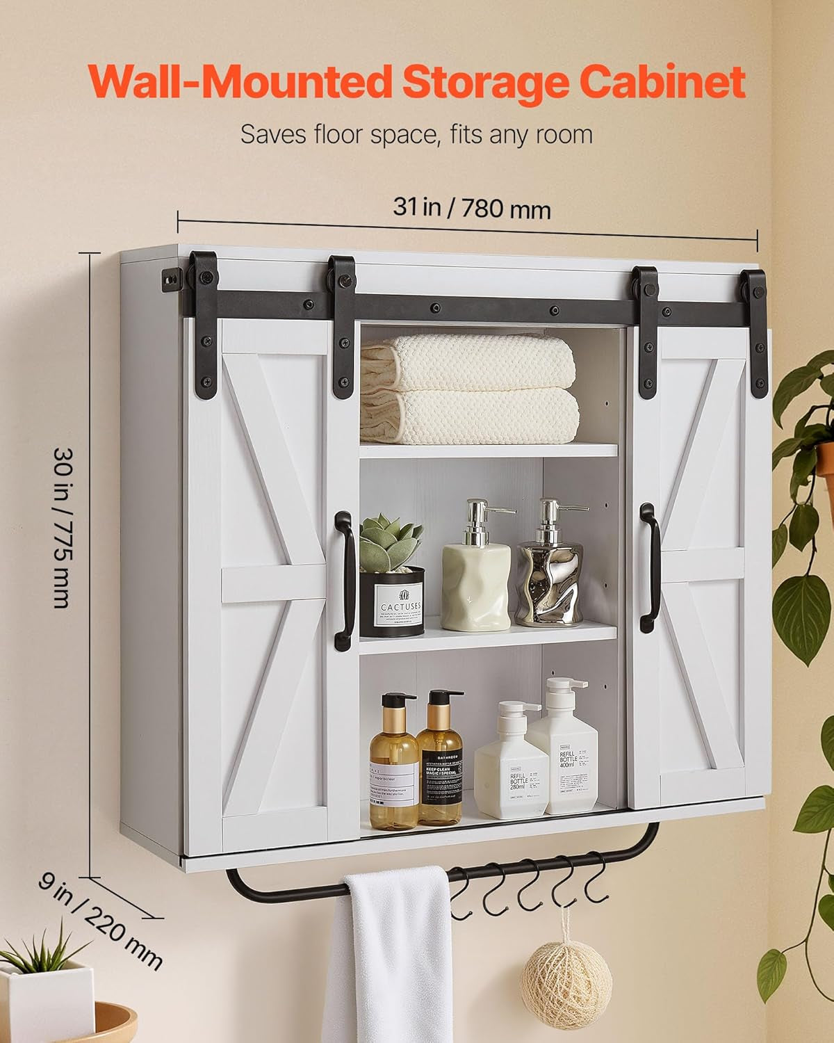 Bathroom Wall Cabinet, 2 Doors and Adjustable Shelf, over the Toilet Storage Medicine Cabinet Wall Mounted, Hanging Organizer with Open Partition/Towel Bar/Hooks for Laundry Room Kitchen, White