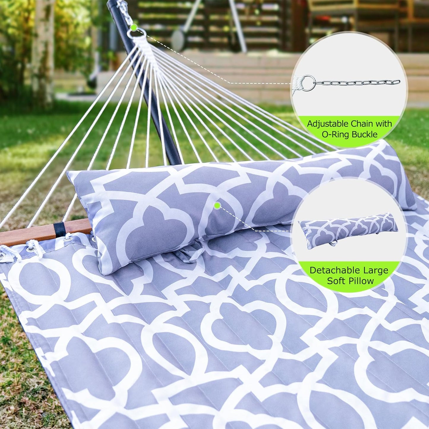 Double Hammock with Stand, Heavy Duty Outdoor Hammock for Two, 500 LBS Capacity, Stable Steel Frame with Balance Strap, Easy Tool-Free Assembly for Patio, Garden, Backyard & Beach,White Grey