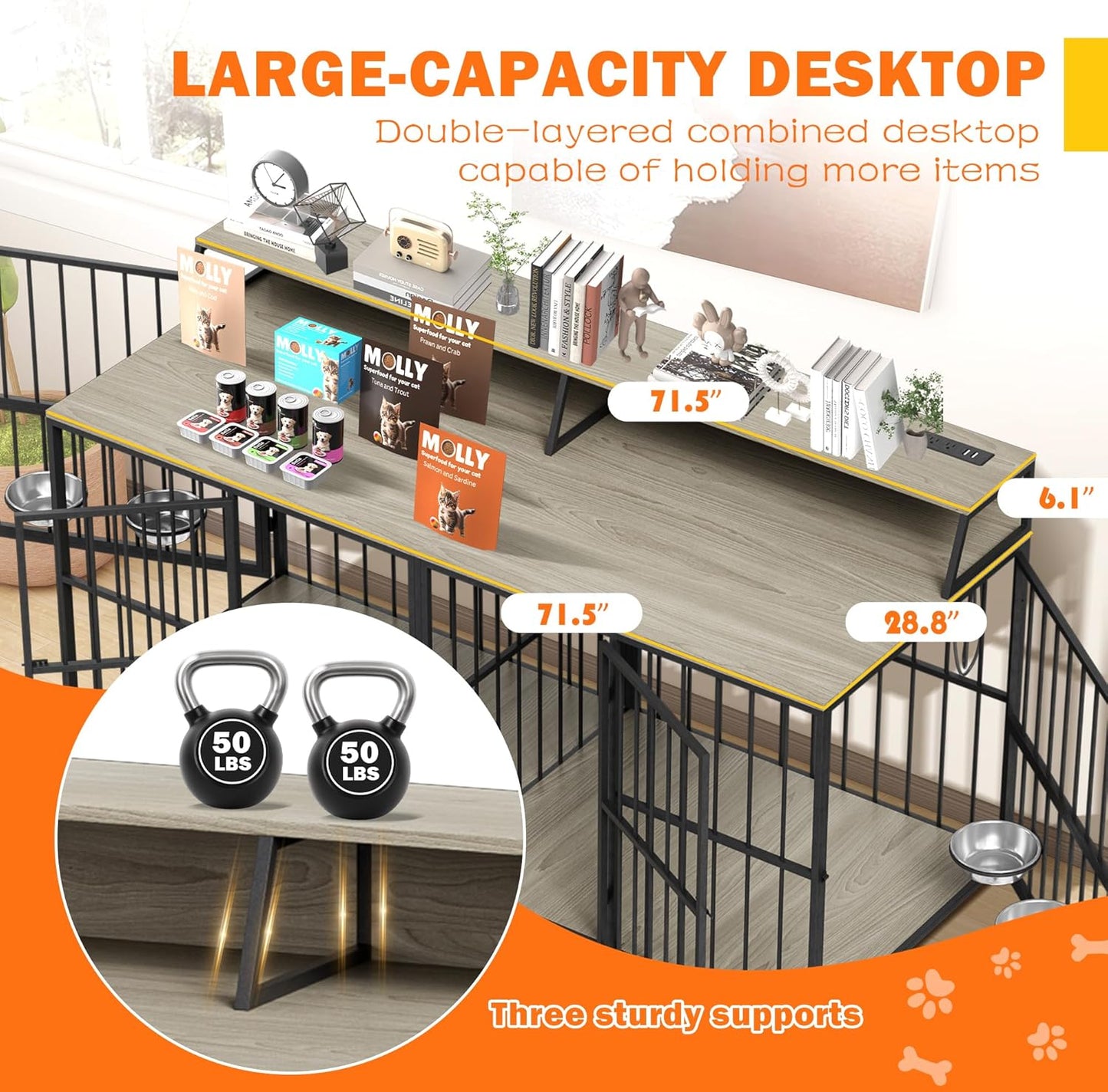 71" Dog Crate Furniture, Heavy Duty Large Dog Cage W/360° Rotating Feeder & LED Light & Power Outlets for 2 Dogs, XXL Double Dogs Kennel Furniture Indoor W/4 Lockable Doors & TV Stand Shelves