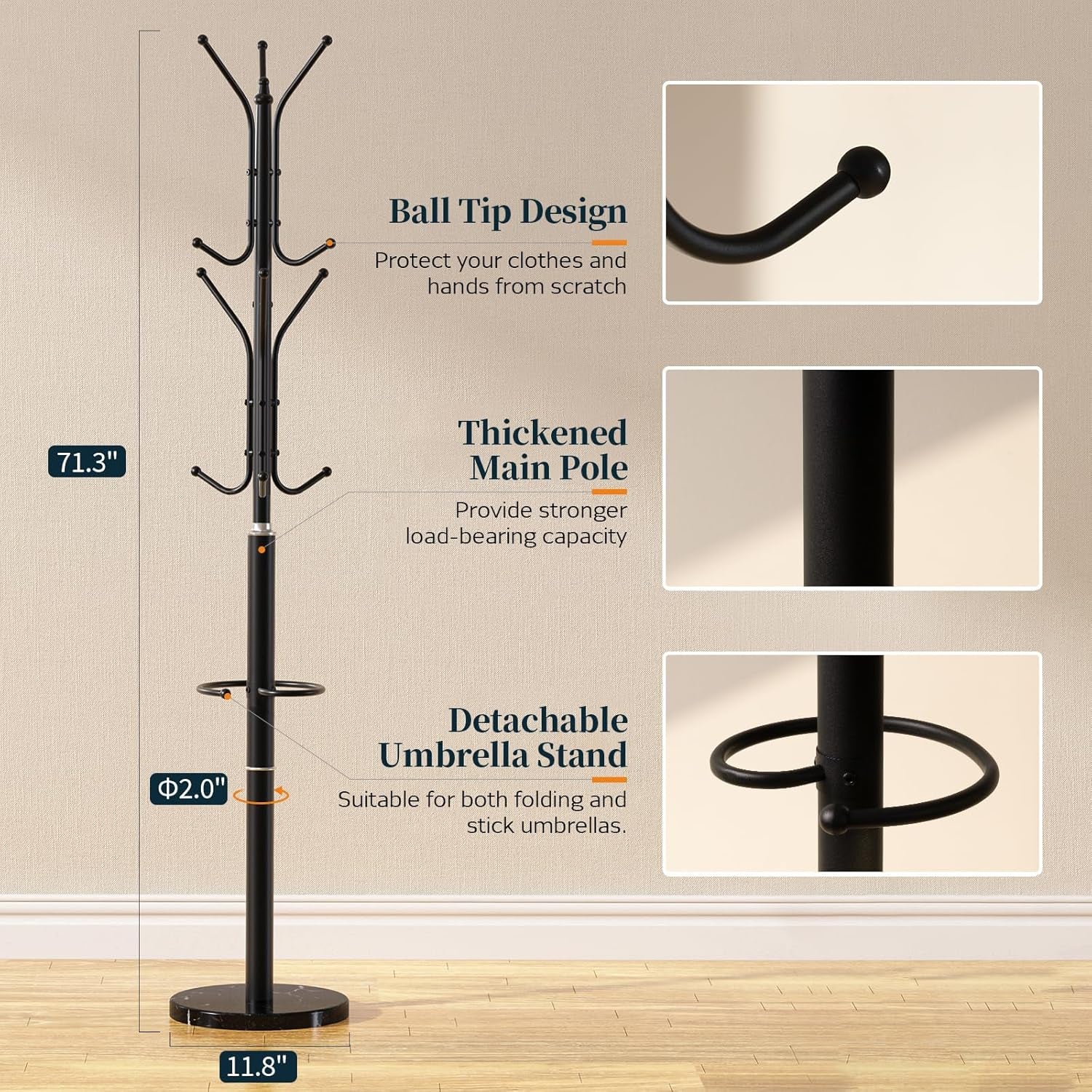 Metal Coat Rack Freestanding with Marble Base, Coat Tree with 12 Hooks & Umbrella Holder, Coat Hanger Stand for Corner Entryway Bedroom Office, Heavy Duty Coat Rack Stand for Clothes Hats Bags