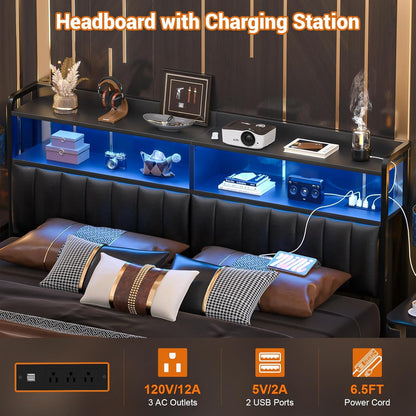 Headboard for Queen Size Bed Frame, Upholstered Headboards with Outlets, USB Ports and LED Light, Leather Head Board with Storage, Height Adjustable, Comfortable Headboard, Queen Size, Black