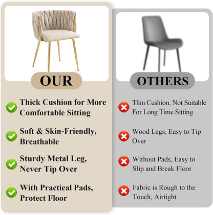 Modern Velvet Dining Chairs Hand Weaving Accent Chairs Living Room Chairs Upholstered Side Chair with Golden Metal Legs for Dining Room Kitchen Vanity Living Room (Ivory)