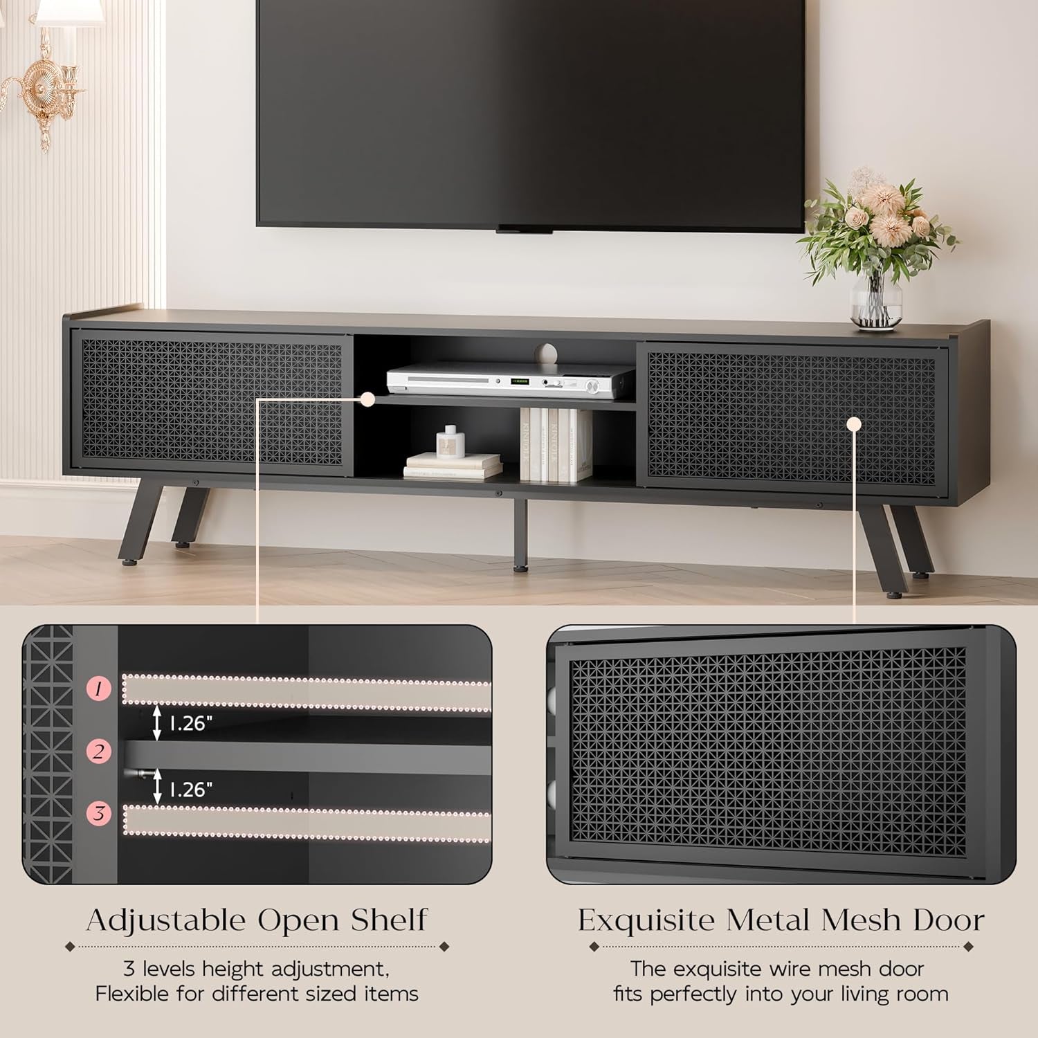 Black TV Stand for 65 70 Inch TV, Modern Iron Rattan TV Console with Sliding Door, Entertainment Center with Storage and Adjustable Shelves, Media Console for Living Room and Bedroom