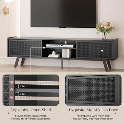 Black TV Stand for 65 70 Inch TV, Modern Iron Rattan TV Console with Sliding Door, Entertainment Center with Storage and Adjustable Shelves, Media Console for Living Room and Bedroom
