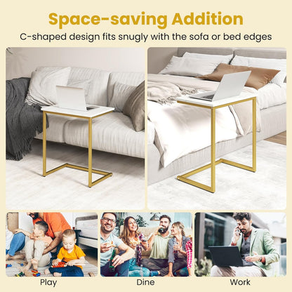 Nesting Coffee Tables Set of 3, Rectangular Nesting Center Table with Faux Marble Top & Metal Frame, Modern C-Shaped Nested Side Table Set for Living Room, Bedroom, Gold & White