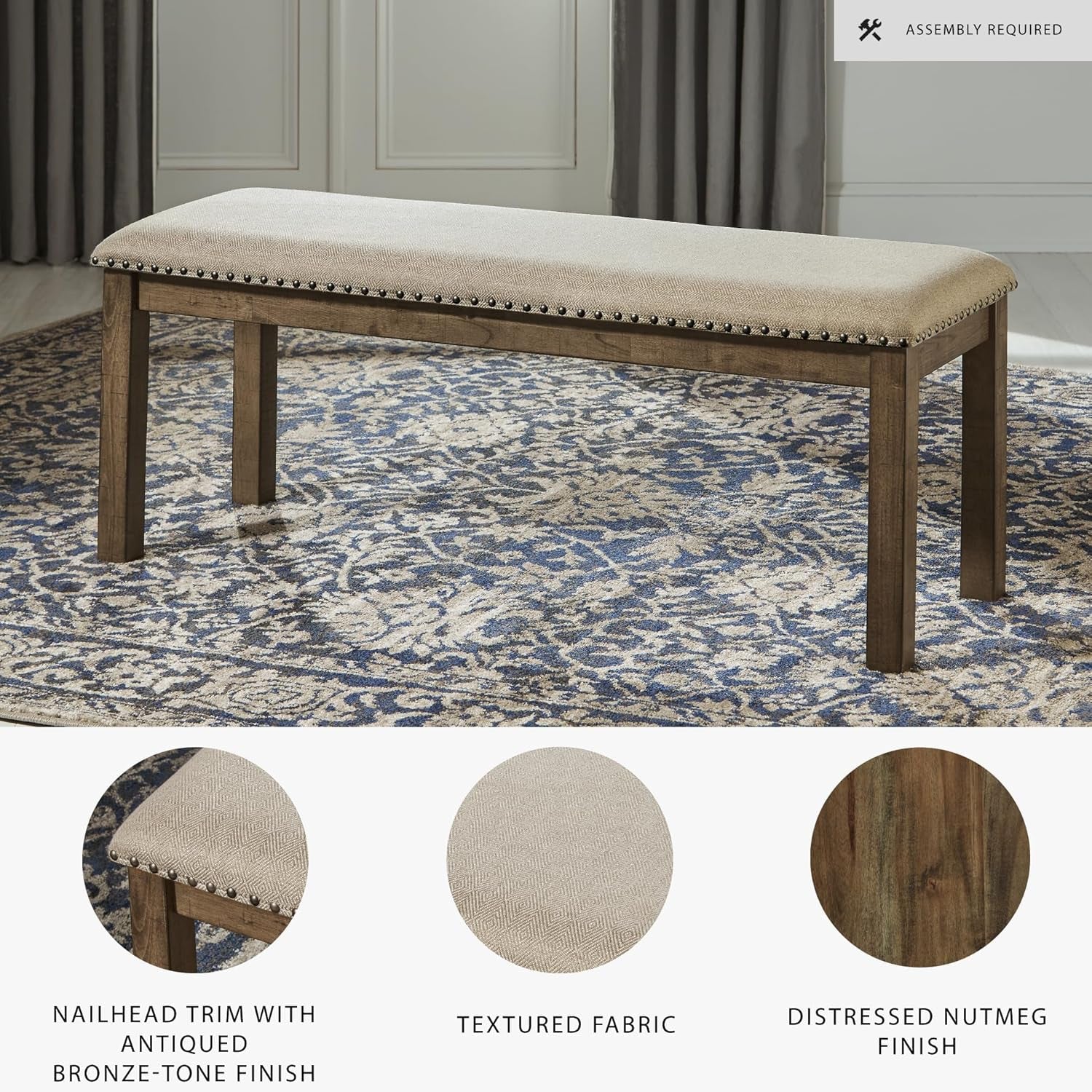 Moriville Casual Rustic Upholstered Dining Bench, Grey & Brown