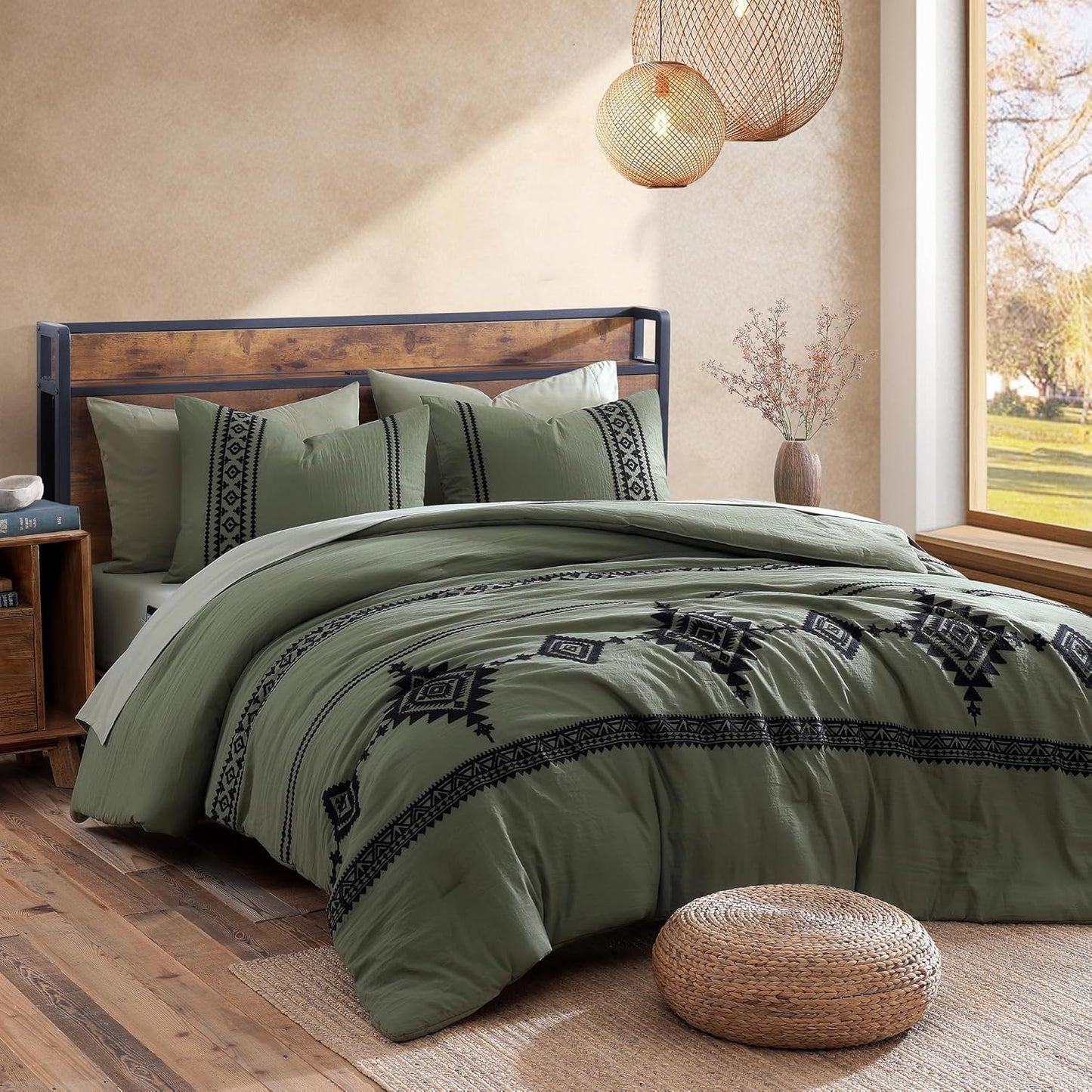 MAIREVE Embroidery Comforter Sets King Size Olive Green - 7 Pieces, Farmhouse Western Bedding Comforter Set, All Season Bed in a Bag King with Sheets, Comforters, Pillowcases & Shams
