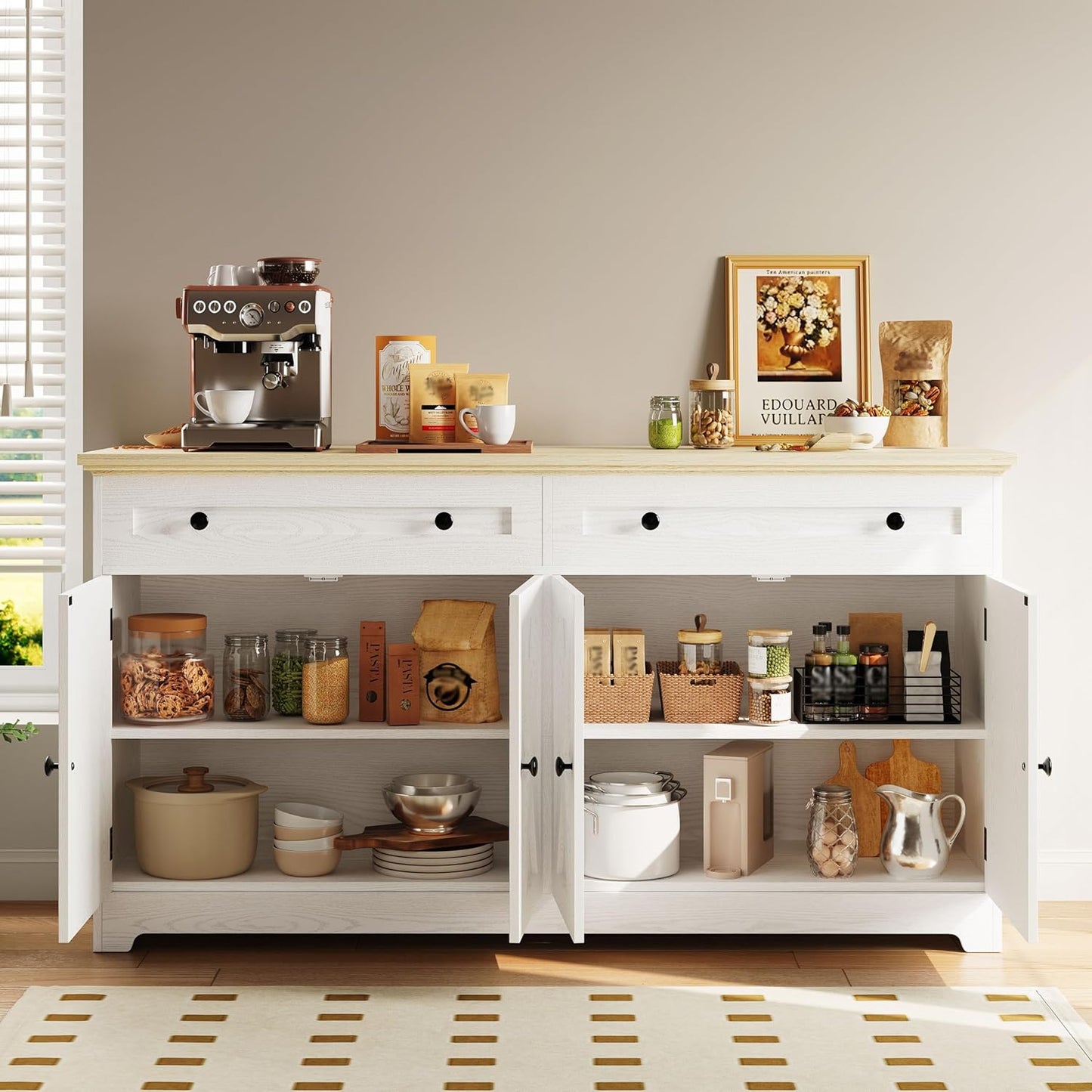 Buffet Cabinet with Storage, Sideboard Storage Cabinet, Kitchen Cabinet with Drawers and Doors, Natural Wood