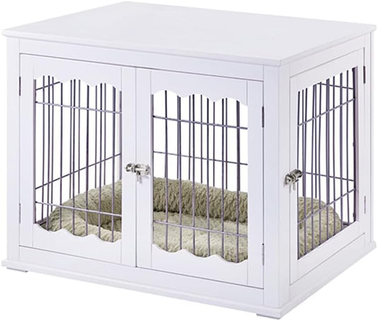 32 Inch Furniture Style White Dog Crate for Medium Dogs, Indoor Aesthetic Puppy Kennel, Modern Decorative Wood Wire Pet House Dog Cage, Pretty Cute End Side Table Nightstand…