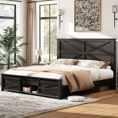 Farmhouse Full Size Bed Frame with Sliding Barn Door Storage, 49" Tall Headboard Wood Bed Frame, Rustic Platform Bed Frame Wooden Slats & Metal Support, No Box Spring Needed, Deep Brown
