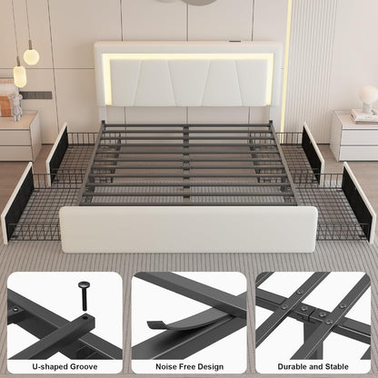 Full Size Bed Frame with 4 Storage Drawers and LED Lights, Upholstered Platform Bed with Adjustable Headboard and Charging Station, Metal Slats Support, No Box Spring Needed,Easy Assembly, White