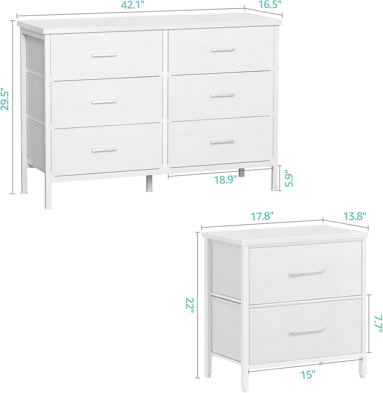 Dresser and Nightstand Set 3 Piece White Dresser with 6 Fabric Drawers for Bedroom Sets Modern