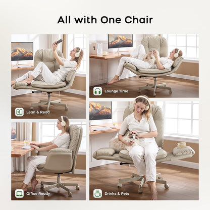 Criss Cross Chair with Armrests & Wheels for Cross-Legged Sitting ，Comfortable Adjustable Swivel Office Desk Chair –PU Leather Vanity Chair for Home, Makeup and Bedroom (Cream)