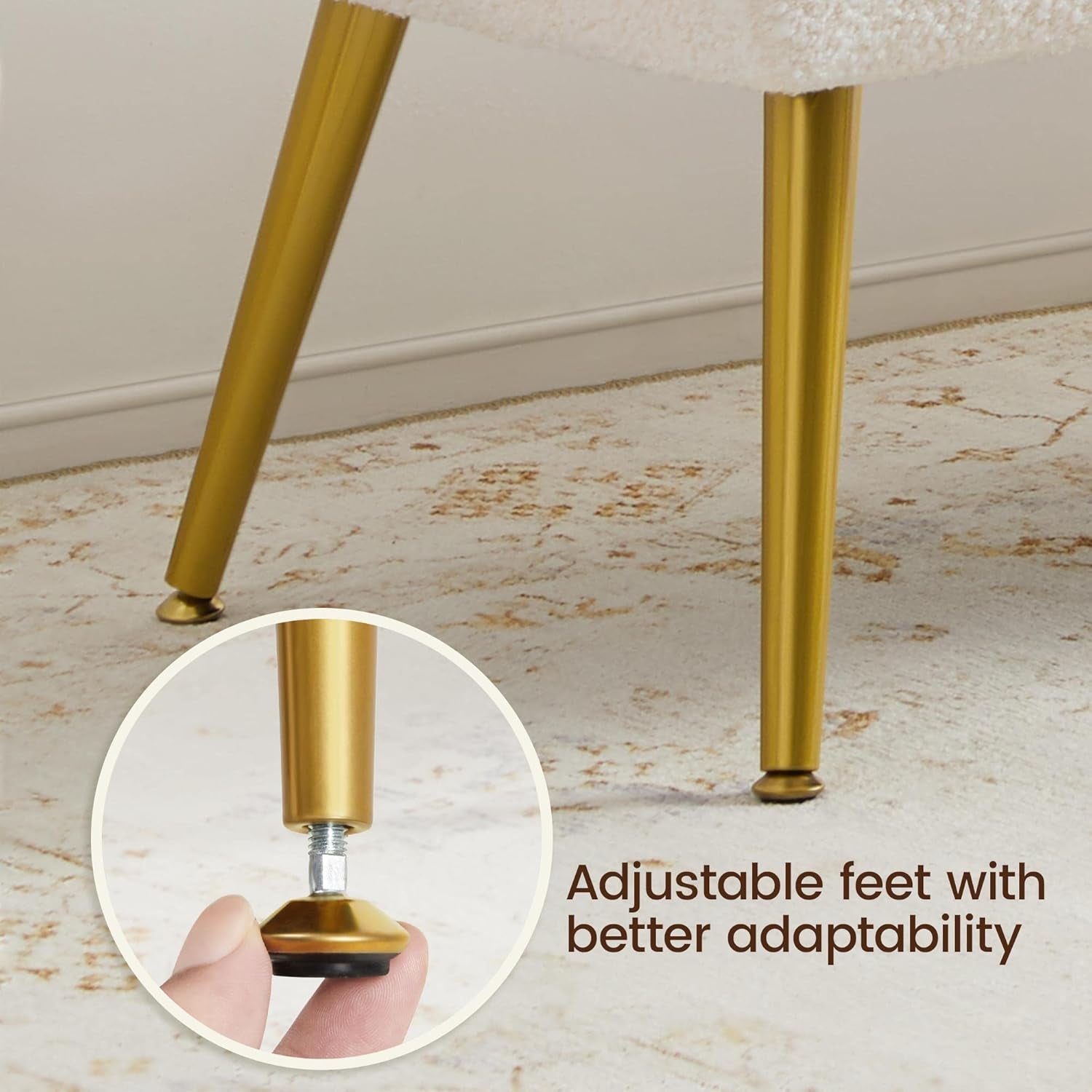 Modern Ottoman Bench Boucle Bench Upholstered Footrest for Living Room with Gold Metal Legs and Padded Seat Ivory