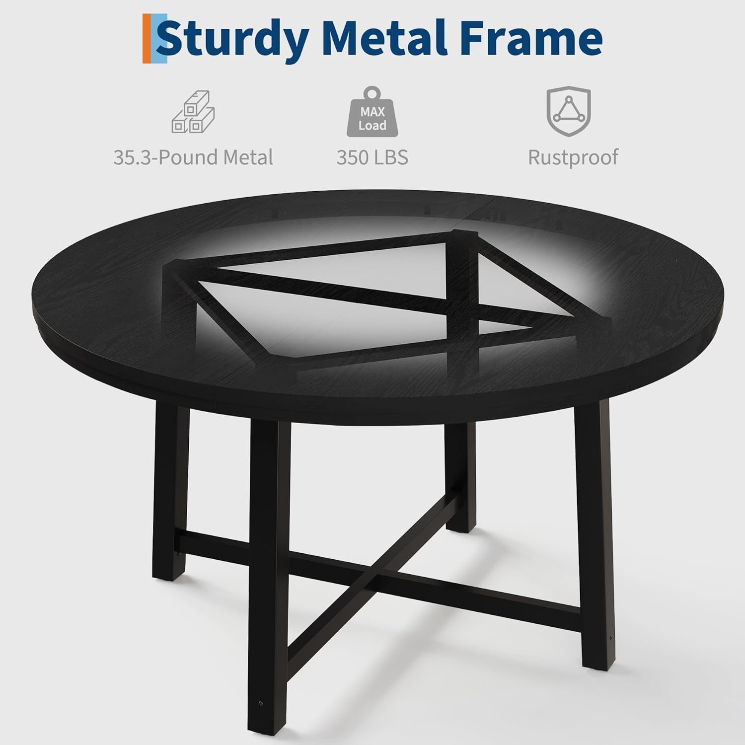 47" round Dining Table for 4, Kitchen Dining Room Table with Sturdy Metal Frame, Wood Circle Kitchen Table for Space Saving -Black